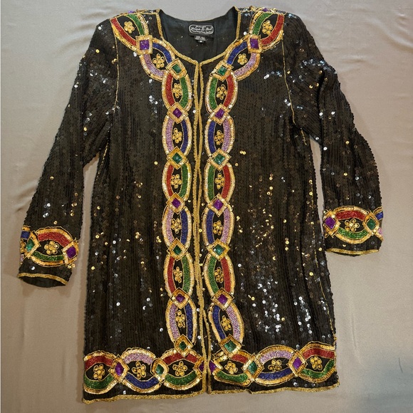 Vintage Joseph Le Bon Silk Beaded Sequin Jacket Back Size 14 Statement - Picture 2 of 4